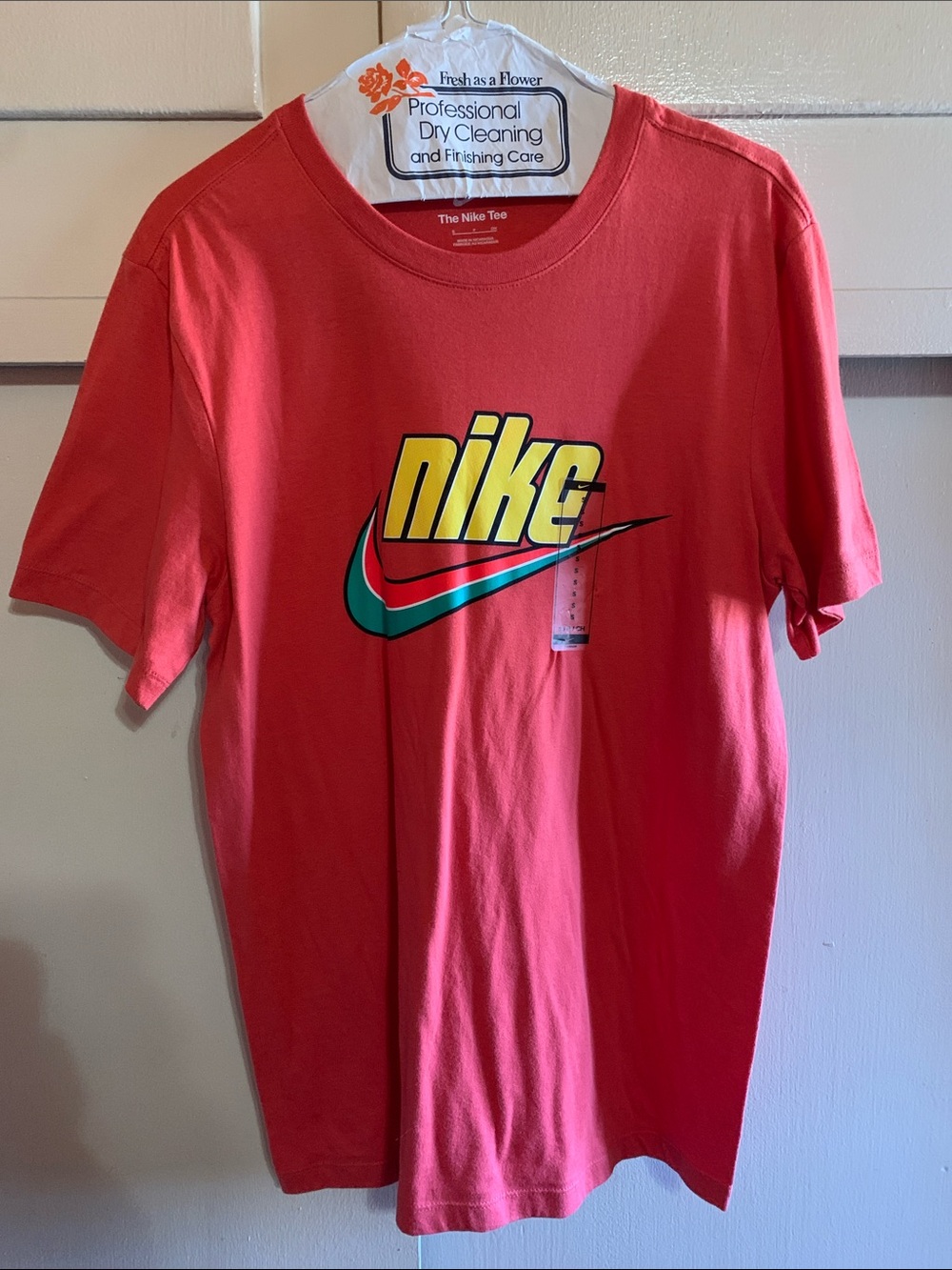 Nike Red/Tangerine Tee with Yellow Logo and Teal Swoosh